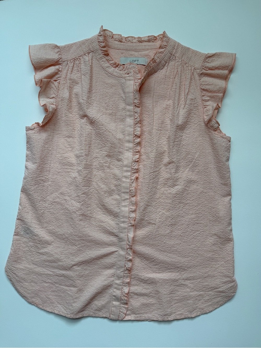LOFT Pale Peach Ruffle Sleeve Seersucker Blouse